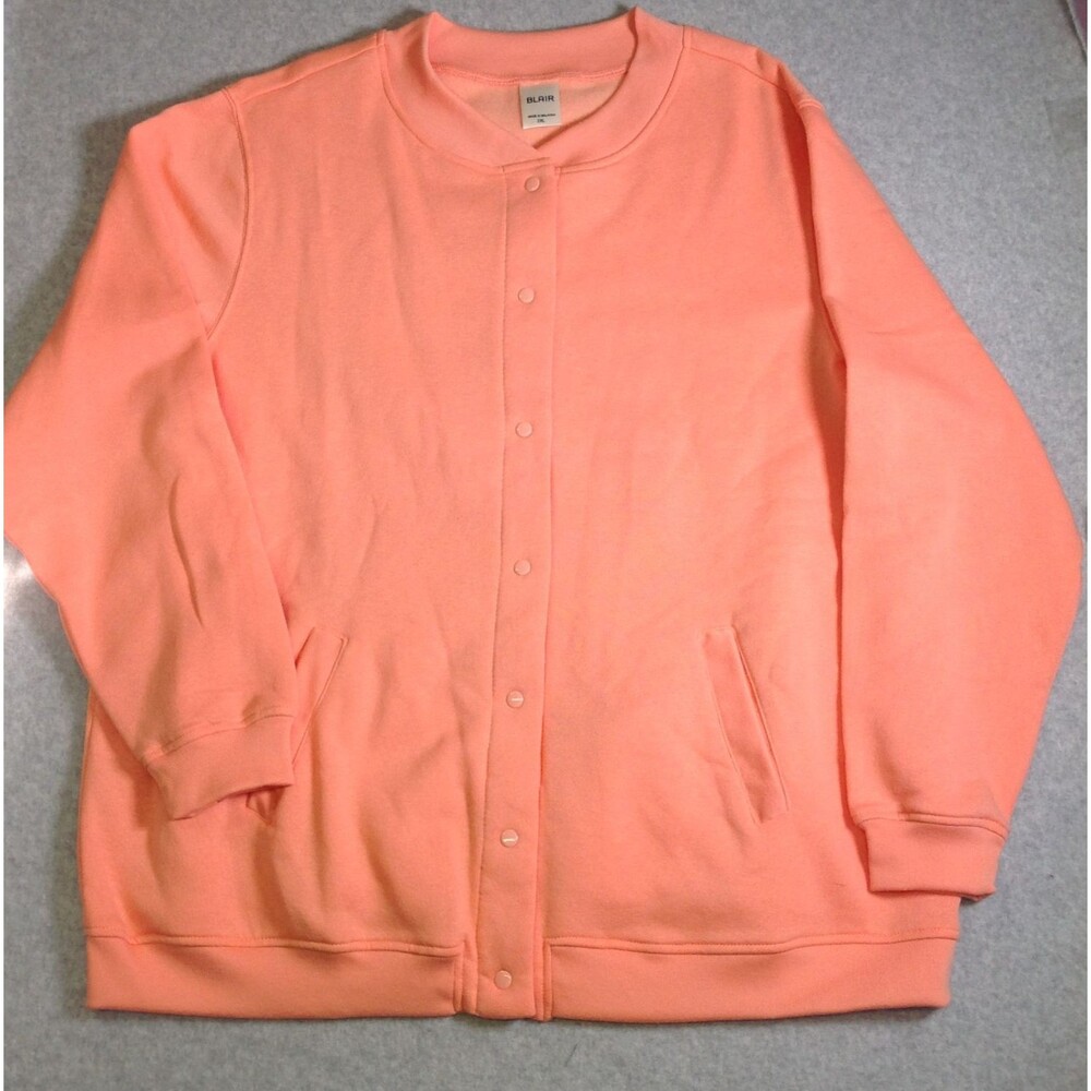 Blair Womens 2 XL Peach Snap Front Fleece Jacket Bomber Sweatshirt Pockets